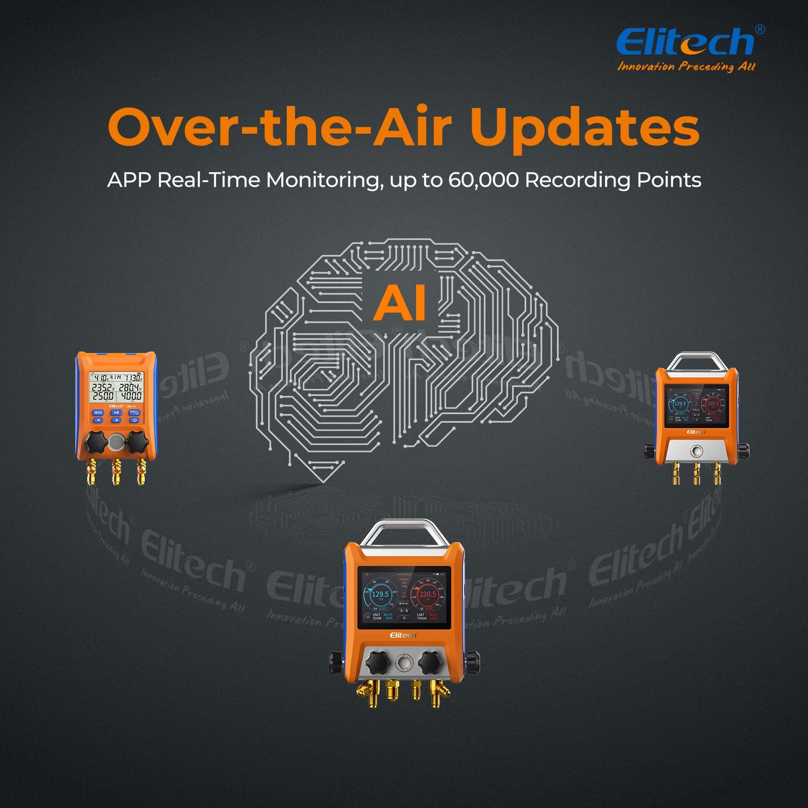 Elitech Manometr HVAC Inteligentny Czterodrożny EMG-40V - Precyzyjny Pomiar Ciśnienia I Temperatury, Kompatybilność Z Wieloma Czynnikami Chłodniczymi, Wyświetlanie Krzywych