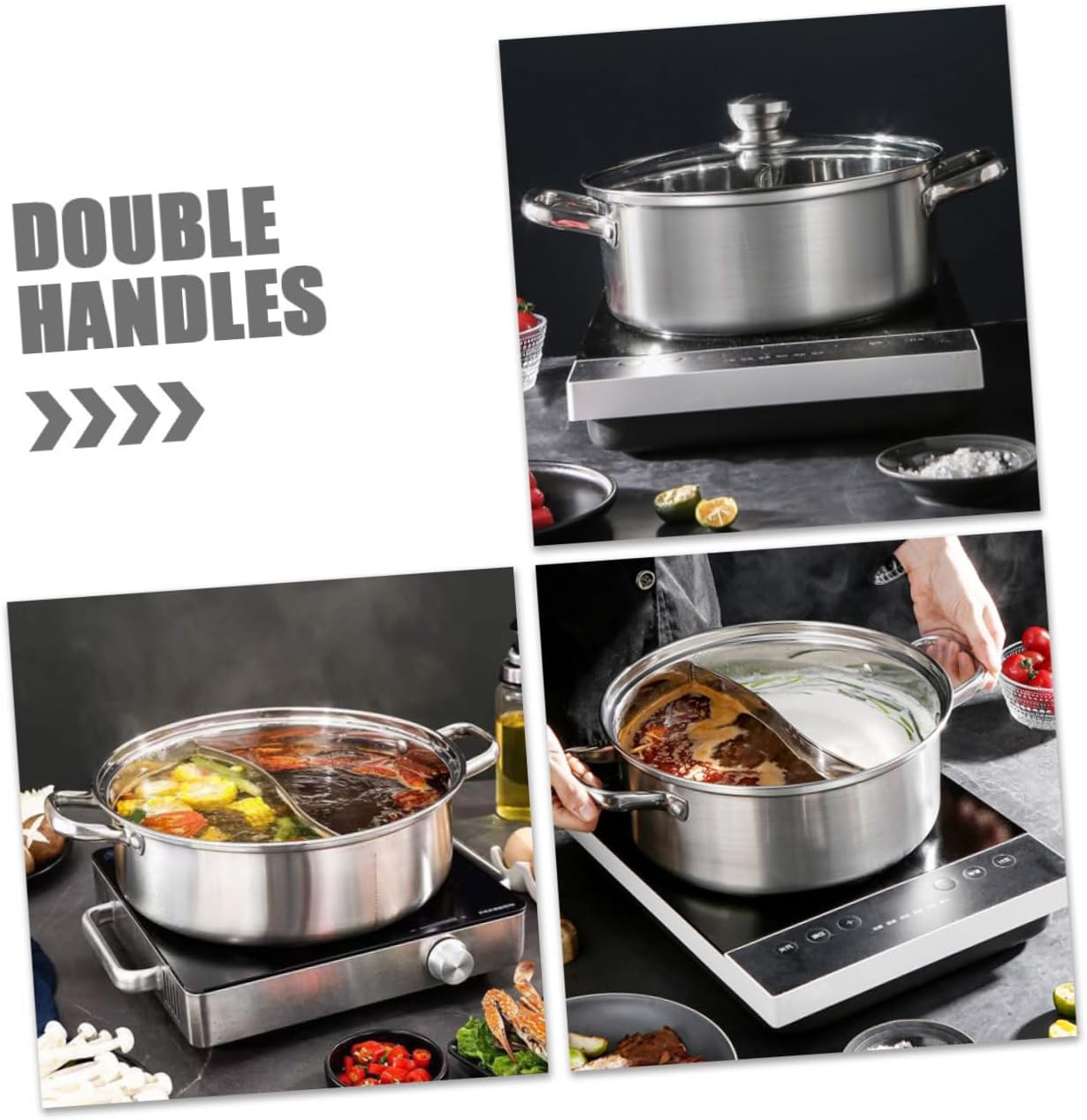 GLEAVI Household Stainless Steel Double Handle Hot Pot Thickened Divided Cooking Pot for Stovetop for Family Meals