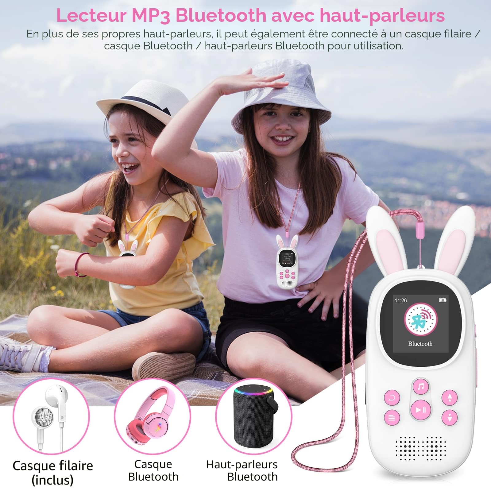 Lecteur MP3 Enfants 32 Go Bluetooth Haut-Parleur Radio FM Enregistrements Alarme Chronomètre