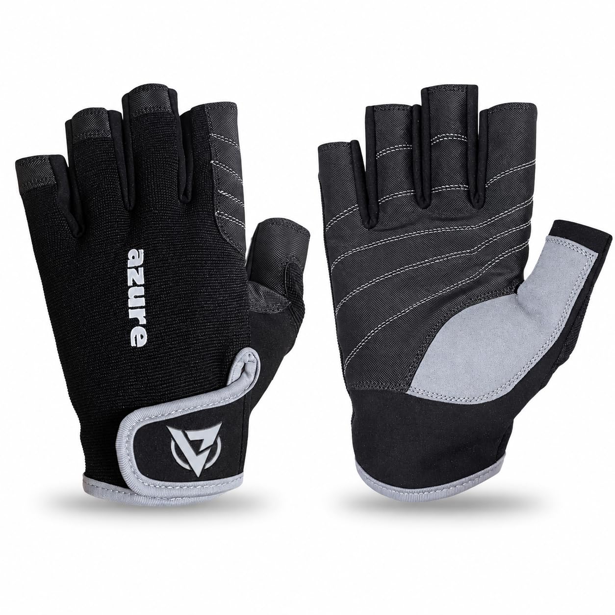 Azure Men Amara Sailing Gloves half 3/4 finger Padded Leather Palm Women fishing, Boating, Kayaking, Surfing, Canoeing Grey/Black XS-XXL (Black/Grey, Small)