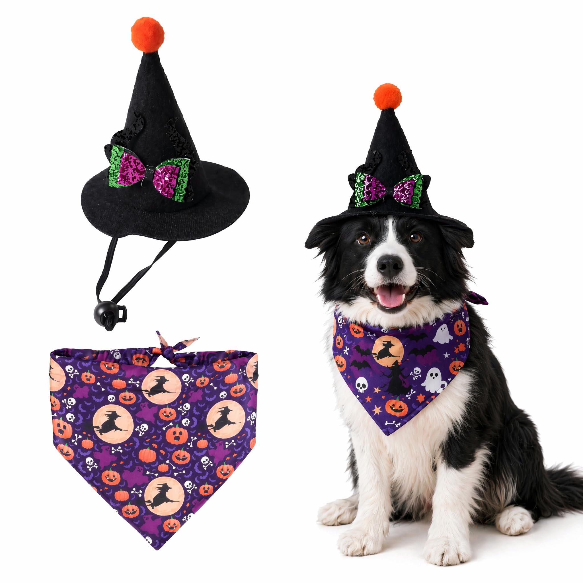 Dog Halloween Costume,Adjustable Cute Dogs Hat And Triangle Neckerchief Costumes Set, Cat Clothing & Bandana Accessories, Puppy Scarf For Small Medium And Large Cats Outfit, Kitten Outfits For Pets