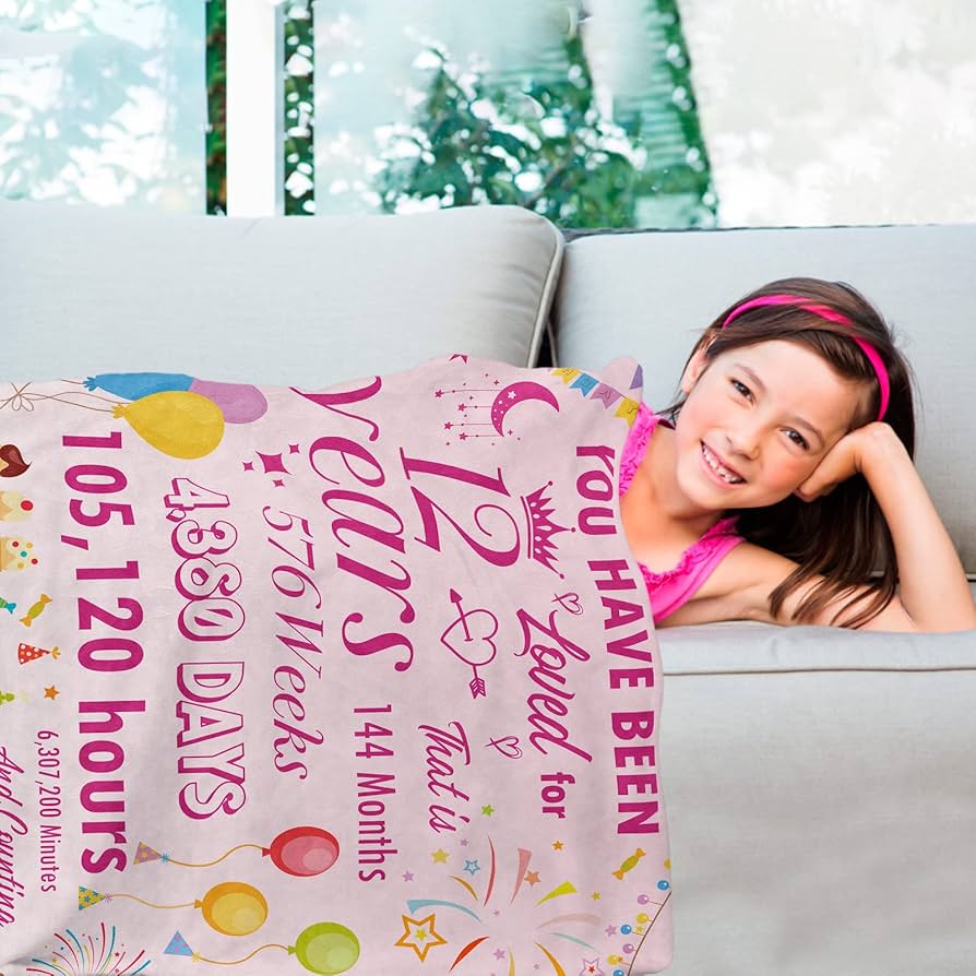 Winkwarm 12th Birthday Blanket For Girls - Flannel Throw With Sweet Message (60x50 Inches, Pink)