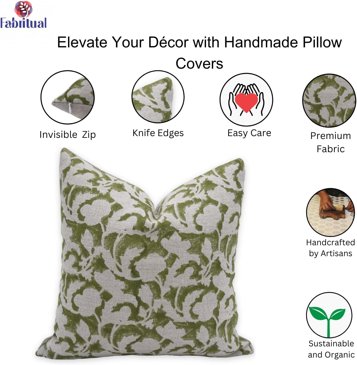 Pillow Covers Handmade Block Print 16X16 Thick Linen Throw Vintage Pillowcase Cushion Cover for Sofa, Couch, Bed, Fall, Boho Home Decor, Garden, Outdoor, Farmhouse, Sulit, Green
