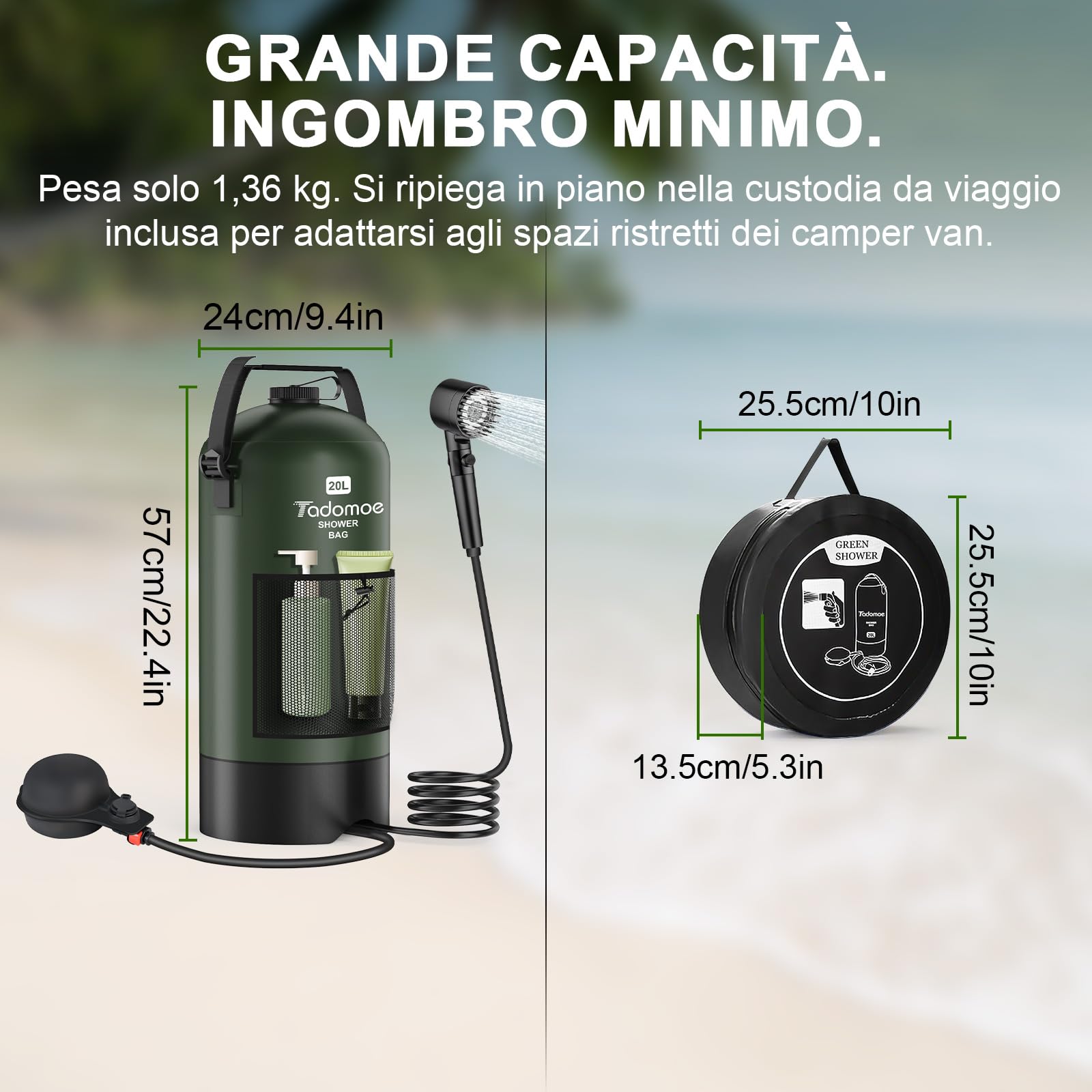 20L Doccia da Campeggio con Pompa ad Aria a Pedale, Doccia Portatile Solare Borsa con Pratico Ugello per Campeggio, Escursionismo e Spiaggia