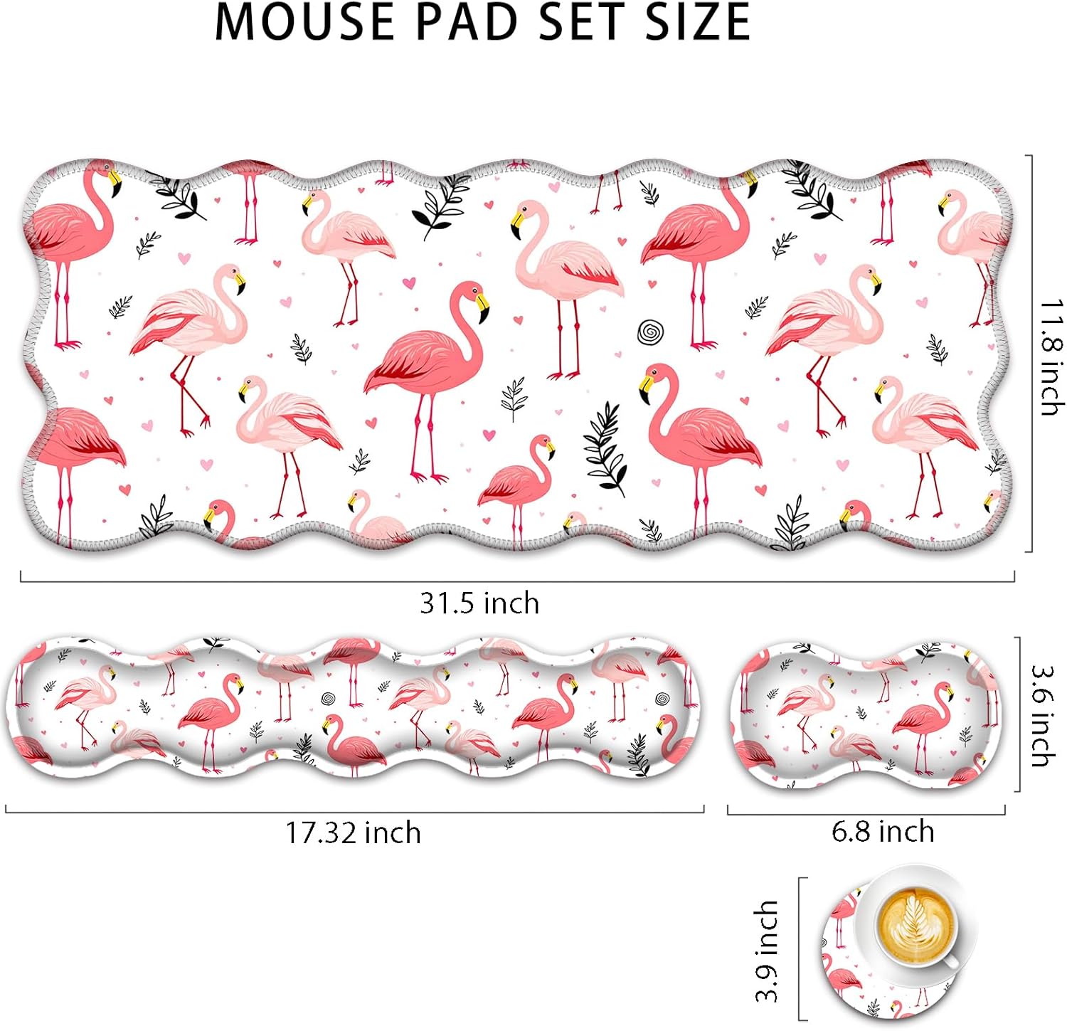 4 in 1 Desk Mat Set,Mouse Pad with Keyboard Wrist Rest,Wave-Shaped Design,Non-Slip Rubber Base,Waterproof,for Home,Office,Gaming,Cute Flamingo