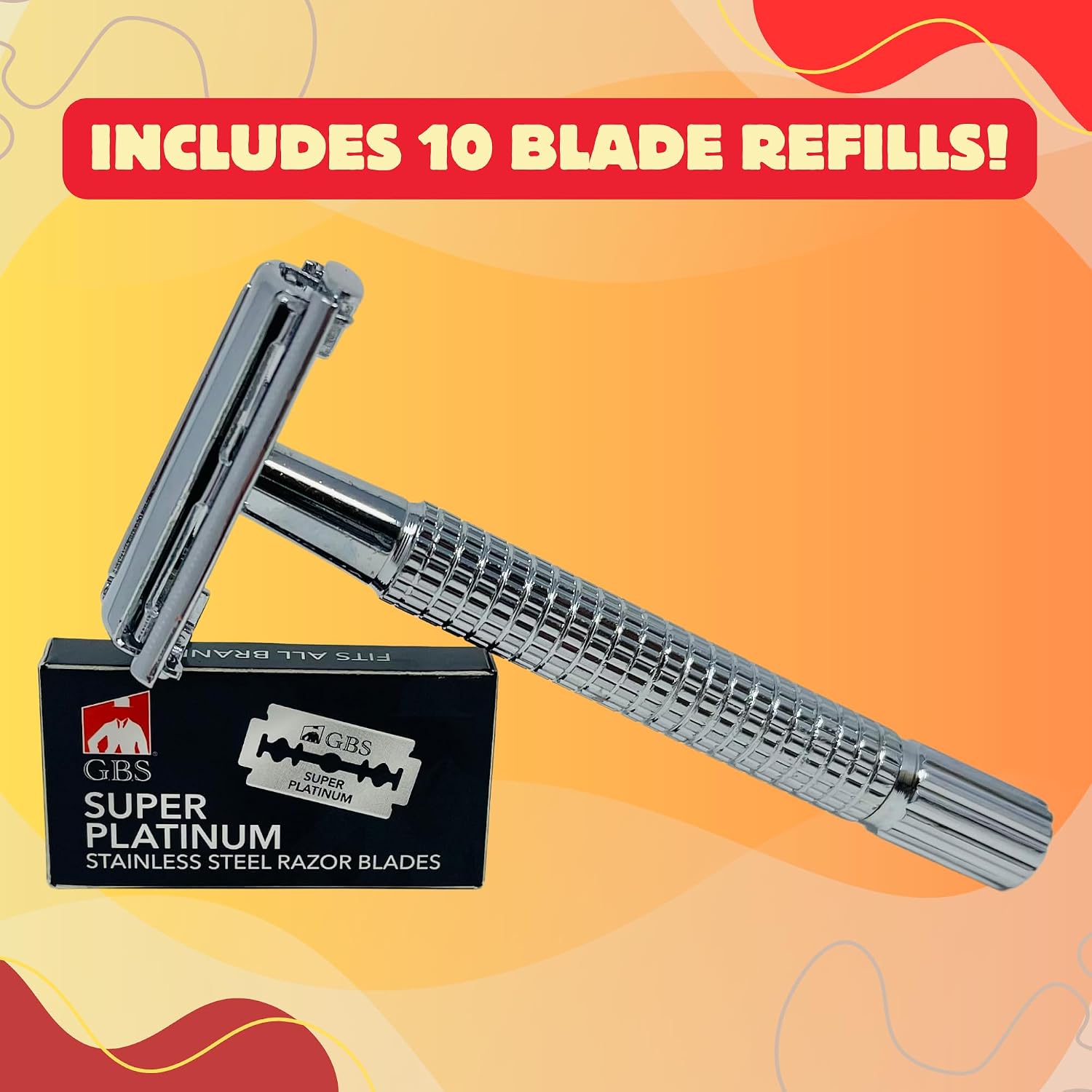 GENTS Long Handle Classic Double Edge Safety Razor - Butterfly Open Razor 10 Stainless Steel Double Edge Blade Refills - Close, Clean Shaving Razor for Men