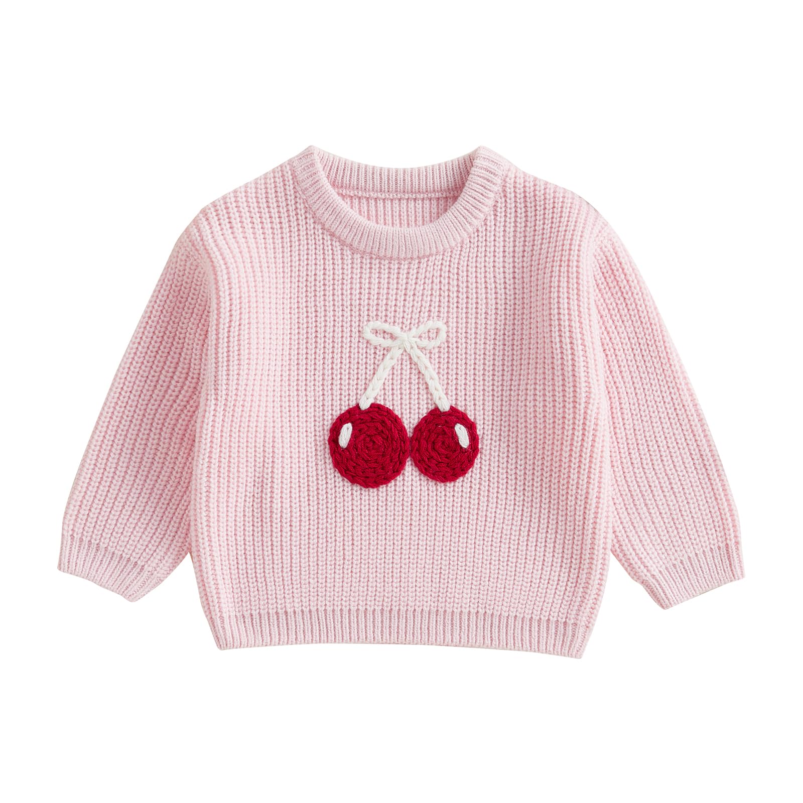 Toddler Baby Girl Embroidery Cherry Sweaters Crew Neck Jumpers Spring Casual Long Sleeve Knitted Pullover Tops (Pink, 4-5 Years)