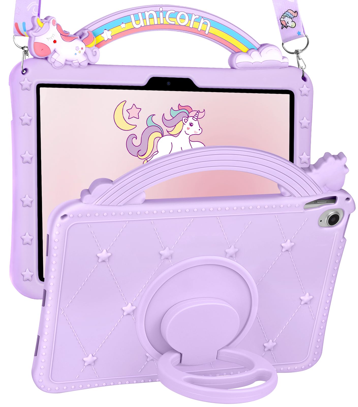 Phonebliss for iPad Air 11 Inch Case M3 2025/M2 2024 - for Women Girls Cute Cover with Handle Stands & Strap Girly Kawaii Purple Cartoon 3D Design Unique Silicone Funda for iPad Air 11 Inch M3/M2 Case