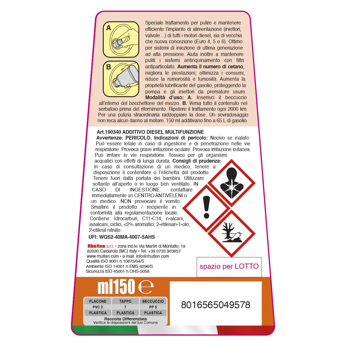 Rhutten, Additivo Diesel Multifunzione, Monodose Superconcentrata, Trattamento Con Cetano, Migliora le Prestazioni, Riduce Consumi, 150ml