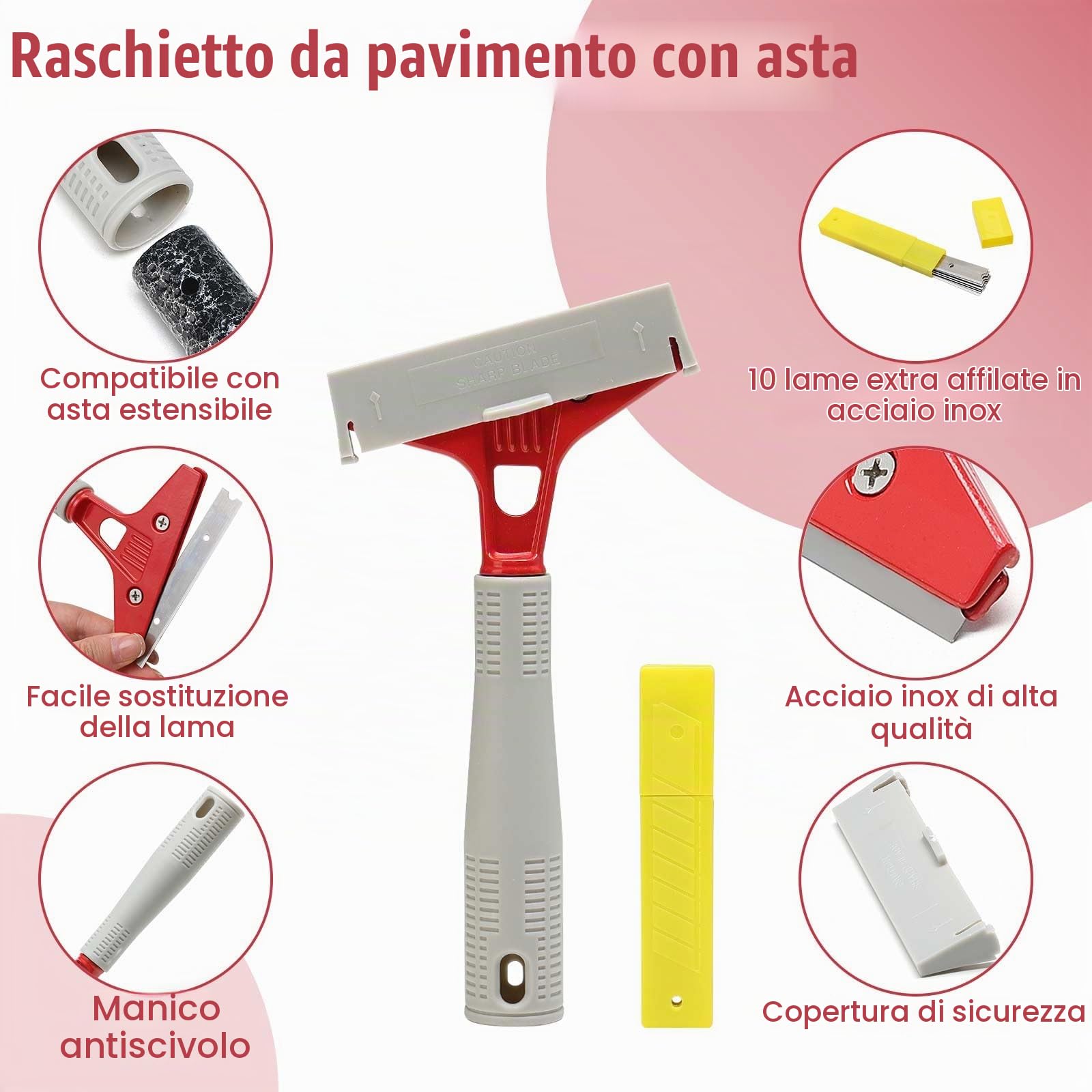 Raschietto con manico lungo, raschietto per vetro con 10 lame extra in metallo, raschietto multiuso resistente per finestre, pavimenti, pareti, stufe, vernice, etichette, adesivi