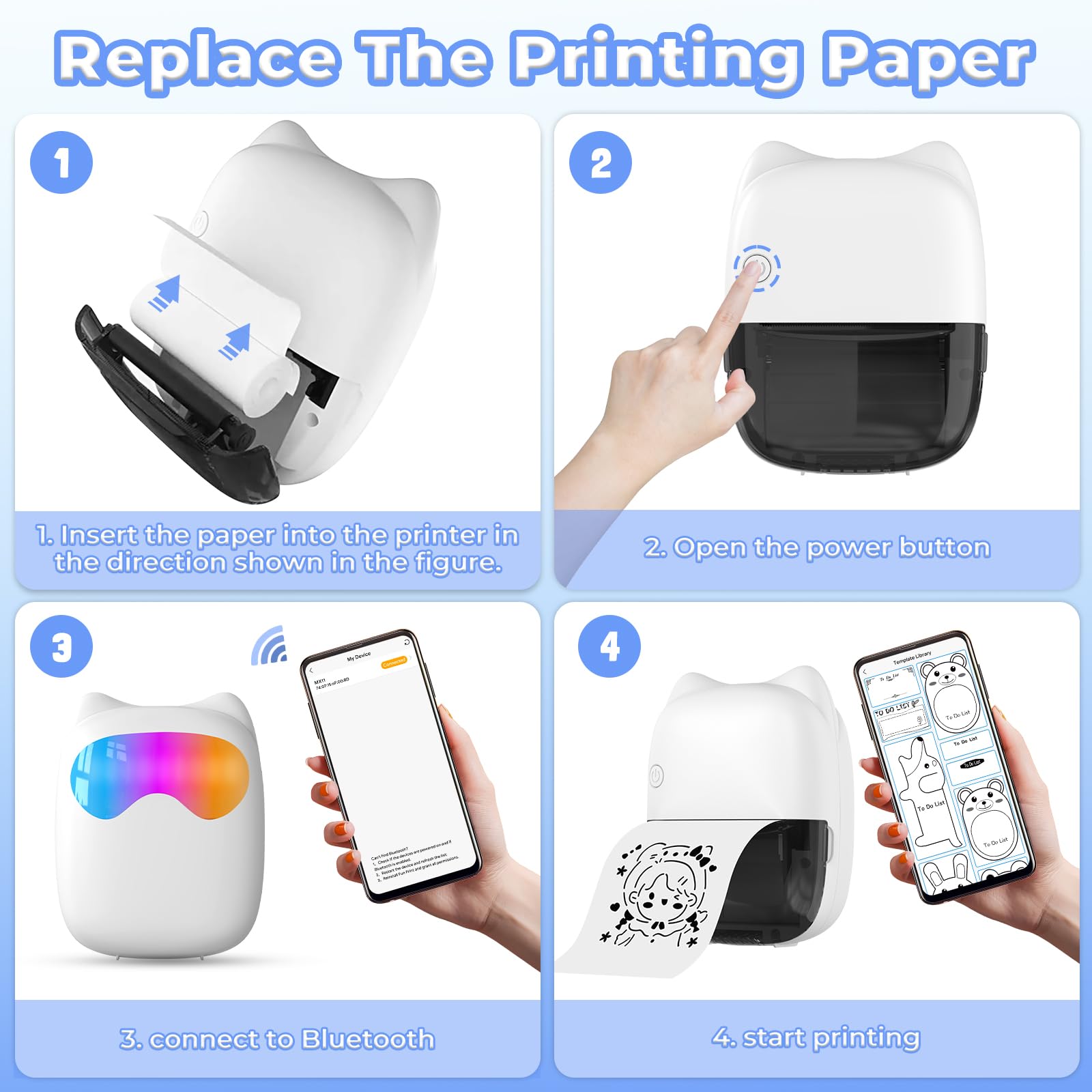 Imprimante Thermique Portable sans Fil 203 DPI, Mini Imprimante sans Encre Bluetooth pour Papier Thermique A4, A5 et 216x279 mm, Compatible avec iOS, Android et Ordinateur Portable, pour Voyage | FR