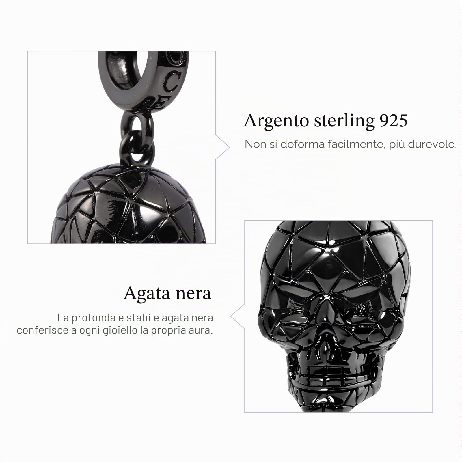 GNOCE Ciondolo Teschio Nero Argento Sterling Placcato Nero Perline Teschio Orrore Braccialetto/Collana Adatto Per Donna Uomo