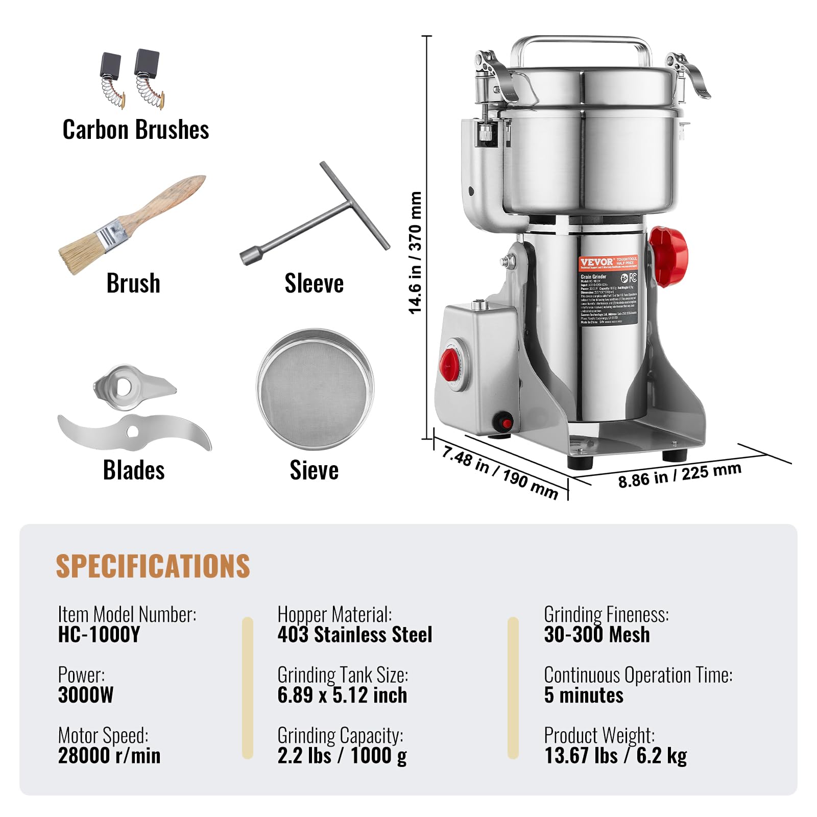 VEVOR 1000g Mulino Elettrico per Cereali, Macina Spezie Commerciale Alta Velocità 3000 W, Macchina Polverizzazione in Acciaio Inox, per Cereali Secchi, Spezie, Caffè, Mais, Pepe, Tipo Oscillante