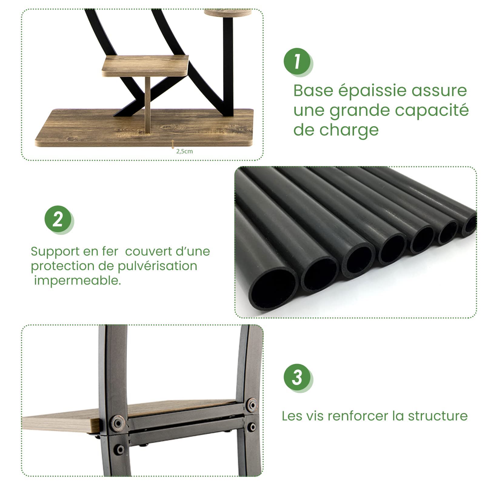 RELAX4LIFE Estantería para Plantas de 5 Niveles con Marco de Hierro y Gancho, Soporte Plantas Interior de Forma Media Luna para Salón, Balcón, Carga 20kg por Tabla, 60x30x155cm (Natural-2 Piezas)
