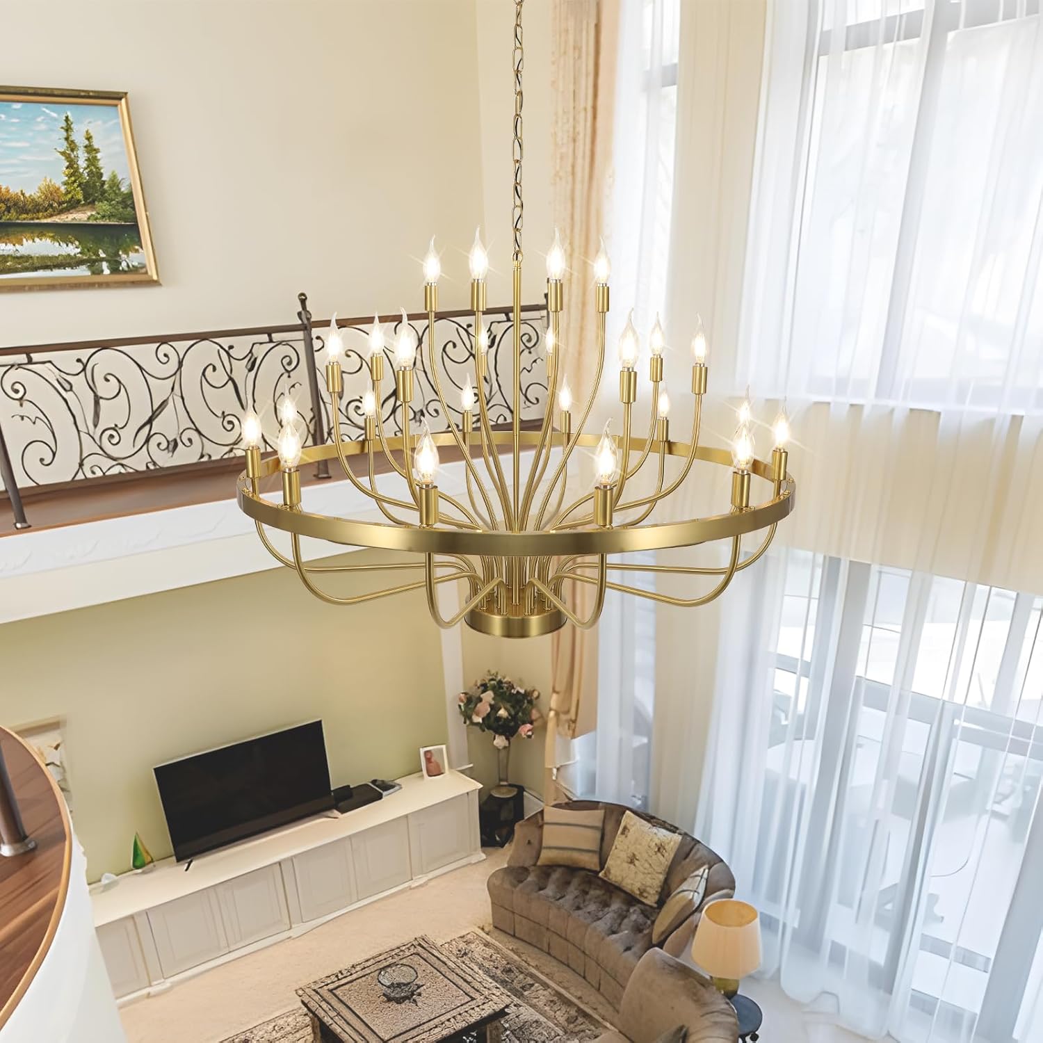 Gold Chandelier 24 Light Large Chandelier for High Ceilings, Farmhouse Wagon Wheel 39in 3-Tier for Dining Room, Hallway, Living Room, Foyer