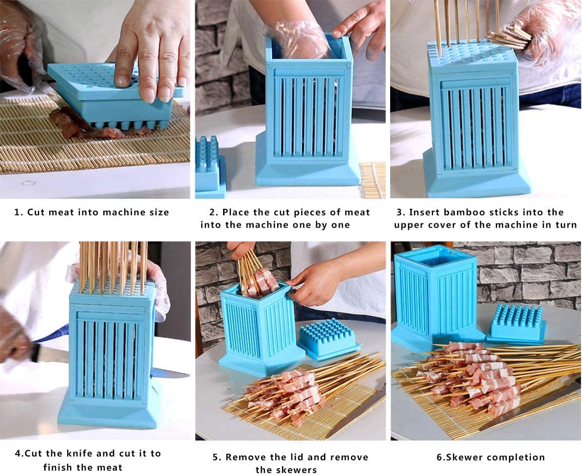 Cubo Fabbrica Spiedini Arrosticini Creatore Rapido per Carne e Verdure Barbecue Spiedini arrosticini cubo Barbecue Stringer 49 Buche Barbecue Grill Maker Kit Strumento(Blue)