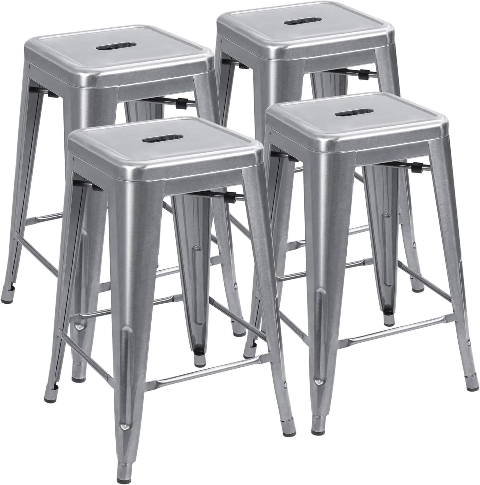 24 Inches Metal Bar Stools Industrial Barstools Stackable High Backless Stools Vintage Indoor Outdoor Stackable Kitchen Stools Set of 4 (Silver)