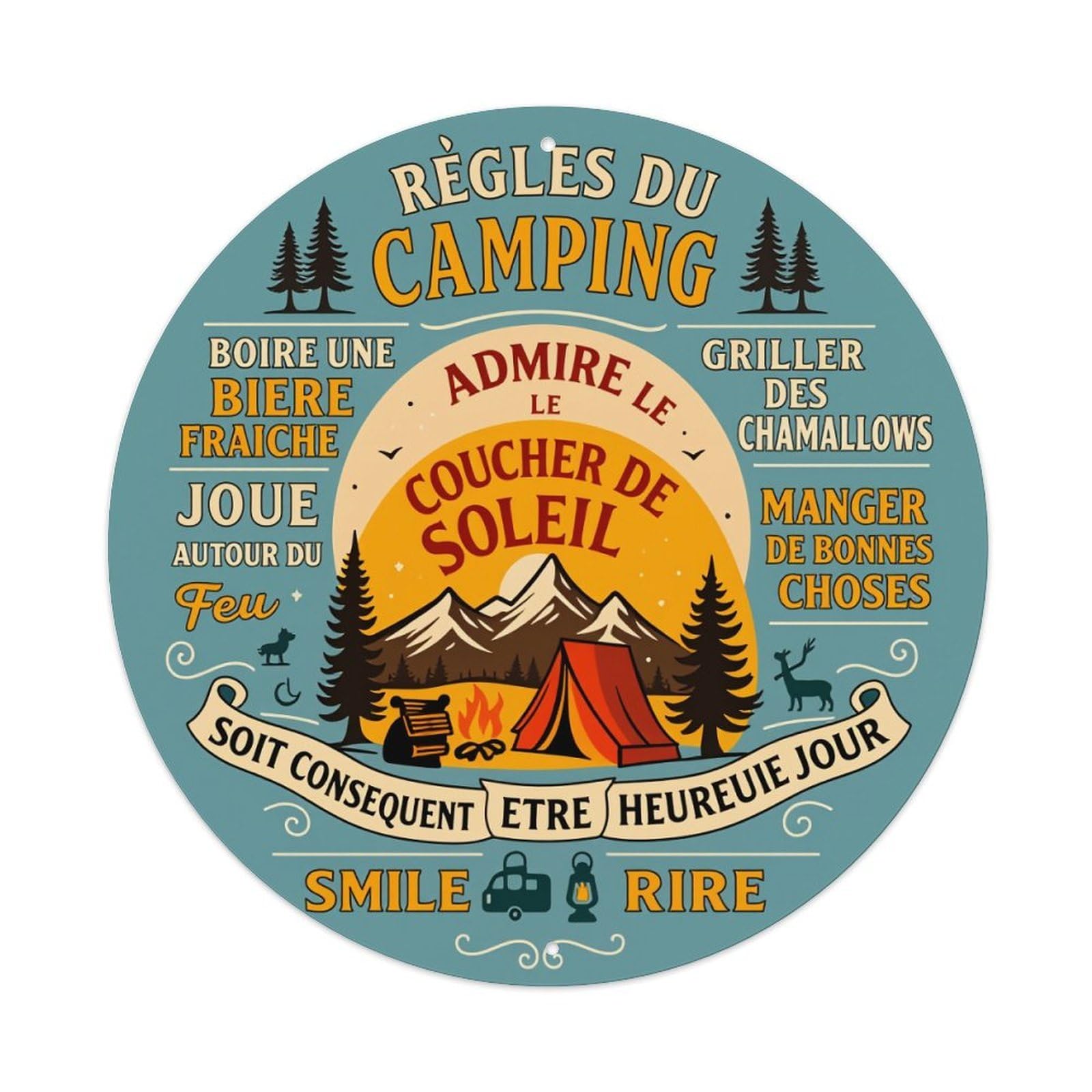 Camping Rules Sunset Tent Trees Round Tin Sign Vintage Metal Poster Retro Bar, Home, Man Cave, Kitchen, Laundry Room Wall Art Decor Gift 8x8Inch