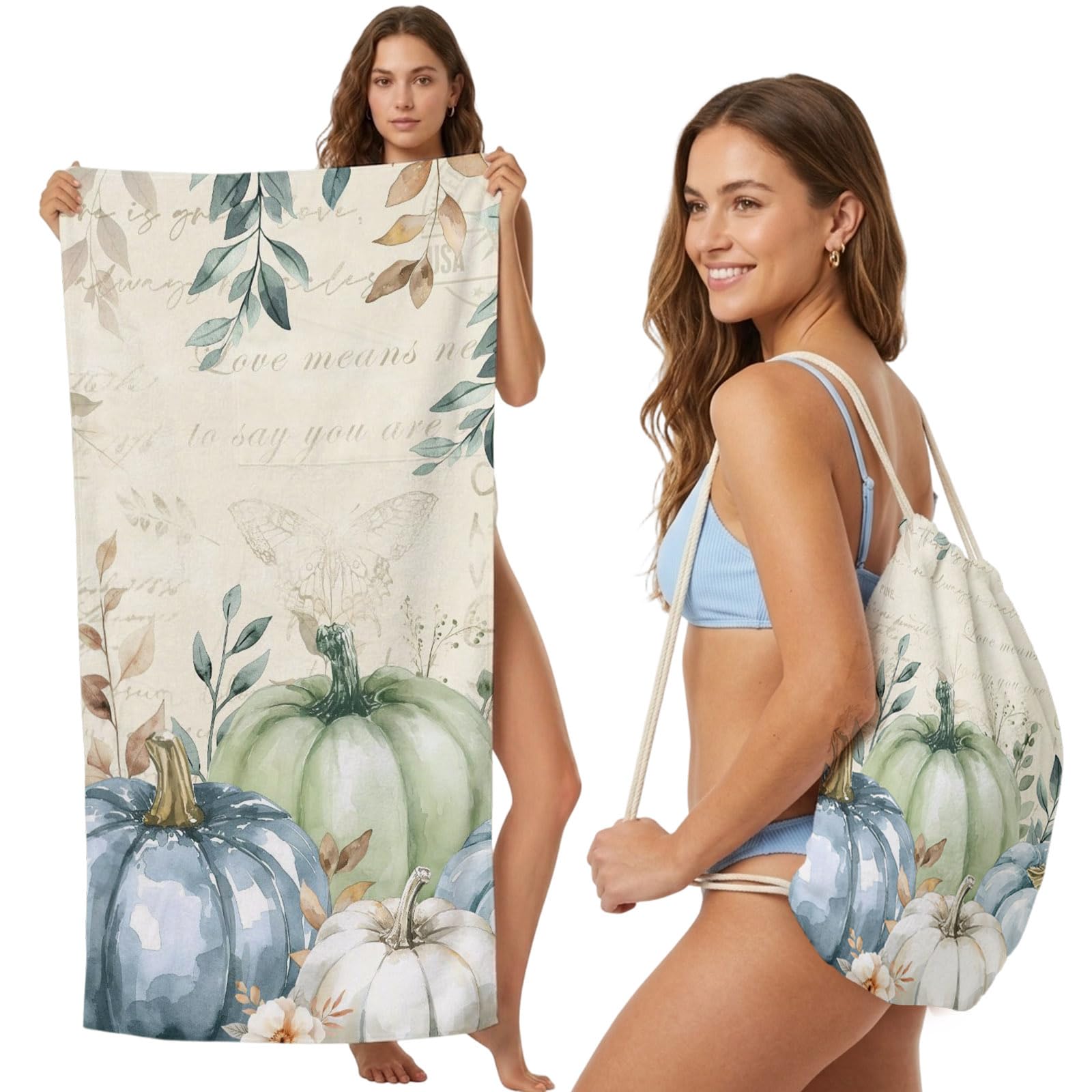 2-in-1 Beach Towel Backpack,Eucalyptus Leaves Thanksgiving Blue Pumpkin Bath Towel with Built-in Storage Flower Vintage Letter Convertible Foldable Beach Blanket for Travel Pool Gym Camping,31x63in
