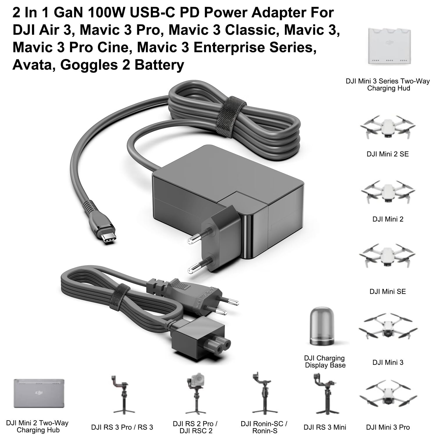 KFD Cargador USB C de 100 W, cargador rápido PD para drones DJI – Compatible con Mavic 3 Serie, Air 3, Mini, RC Pro Plus, N1 Remote, Avata, Goggles 2, V Mount batería cable de carga