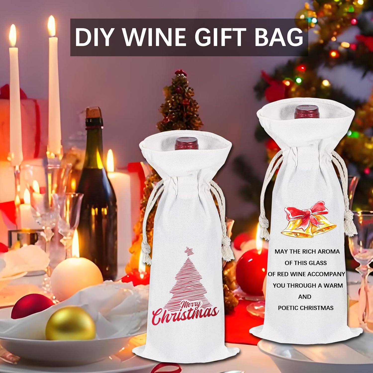 OKBA 15 PCS Sublimation wine gift bag blank, Canvas wine bottle bag with drawstring, Reusable Wine Bags,Suitable for Christmas，Weddings, Holiday Party Birthdays,Travel, Blind Tastings, Home Storage image 3