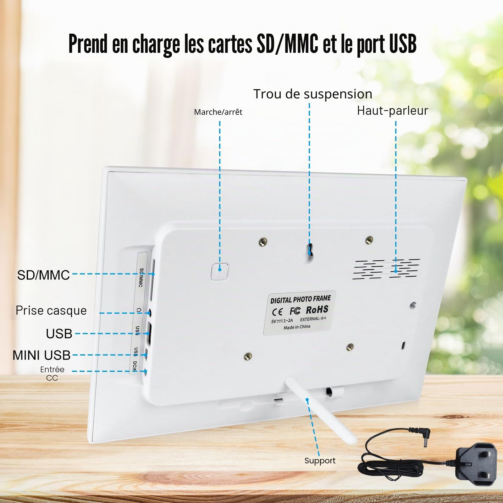 Cadre photo numérique WiFi de 10,1", écran tactile IPS 1280 x 800, cadre numérique intelligent, mémoire de 32 Go, rotation automatique, partage de photos et de vidéos via l'application Frameo (blanc)
