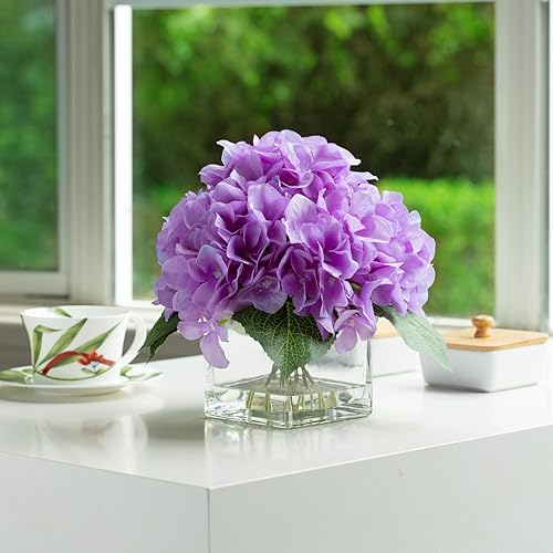 Miniatura 3 de ENOVA FLORAL Hortensias de seda artificiales en jarrón con agua sintética, arreglos florales de seda en jarrón para decoración del hogar, mesa de