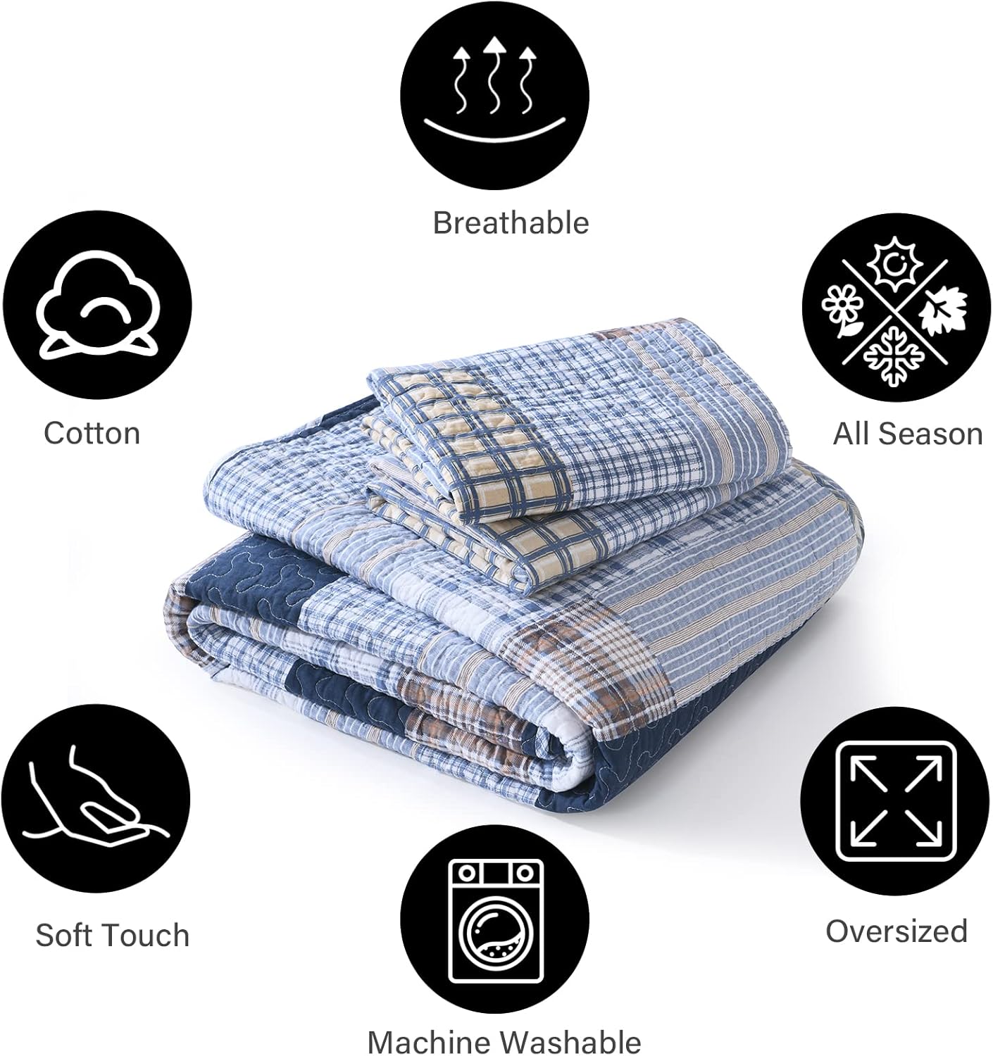 PANGUSHAN Quilt Set King Size, 100% Cotton Quilt Bedding Set Bedspreads, Patchwork Plaid Farmhouse Reversible Lightweight Comforter Bed Spread for King Bed, Blue, 3 Pieces - Image 5