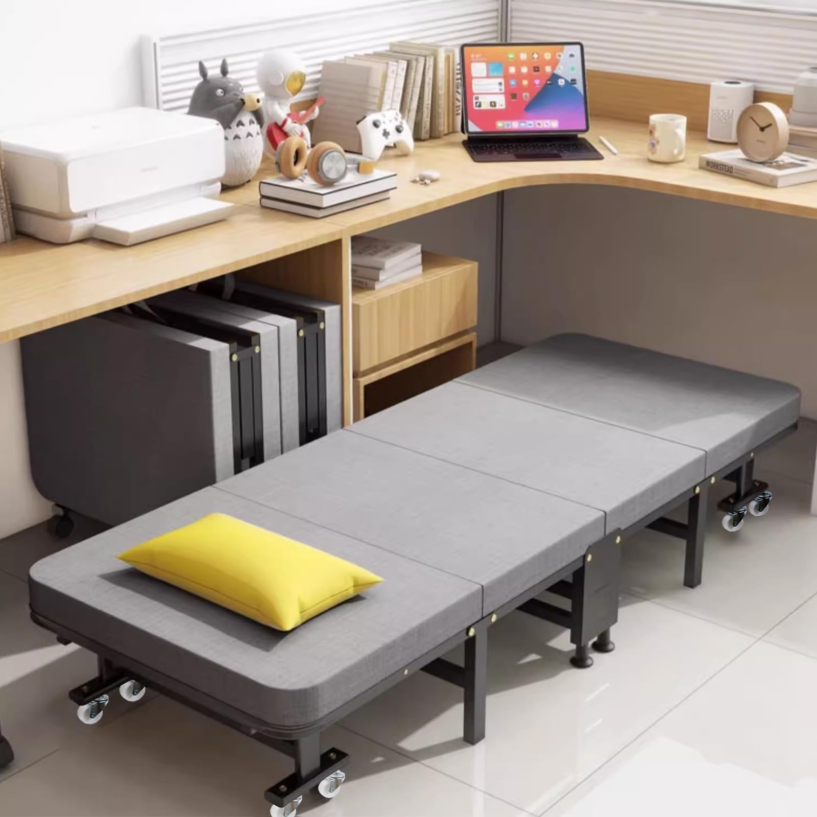 Letto Brandina Pieghevole con Materasso, 70x190cm Letto a Scomparsa, Letto Pieghevole Portatile con Struttura Resistente E 8 Ruote Girevoli