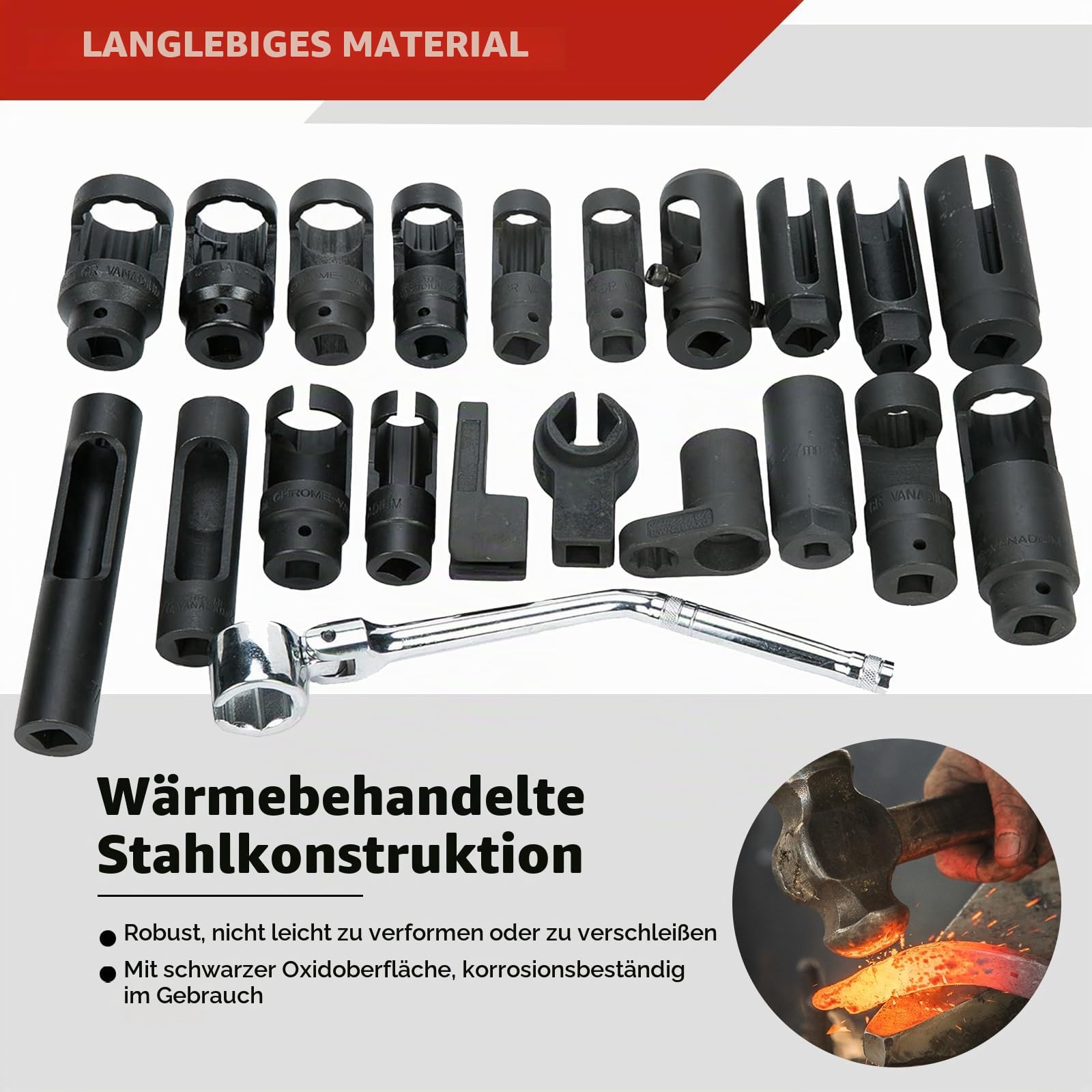 FreeTec 21tlg Lambdasonden Schlüssel Set, 22mm Lambdasonden Nuss, 1/2" 3/8" Lambdasonde Werkzeug Steckschlüssel Nüsse Set for Demontage Lambda Nox Sonde Auto