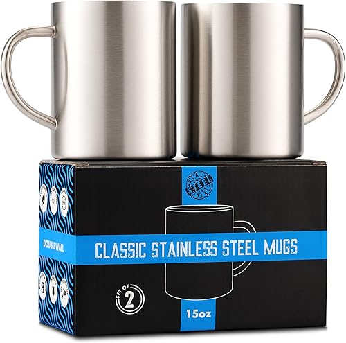 Tazas de café de acero inoxidable – Tazas de acero inoxidable de doble pared de 15 onzas con asa, tazas de café de metal para té, tazas aisladas