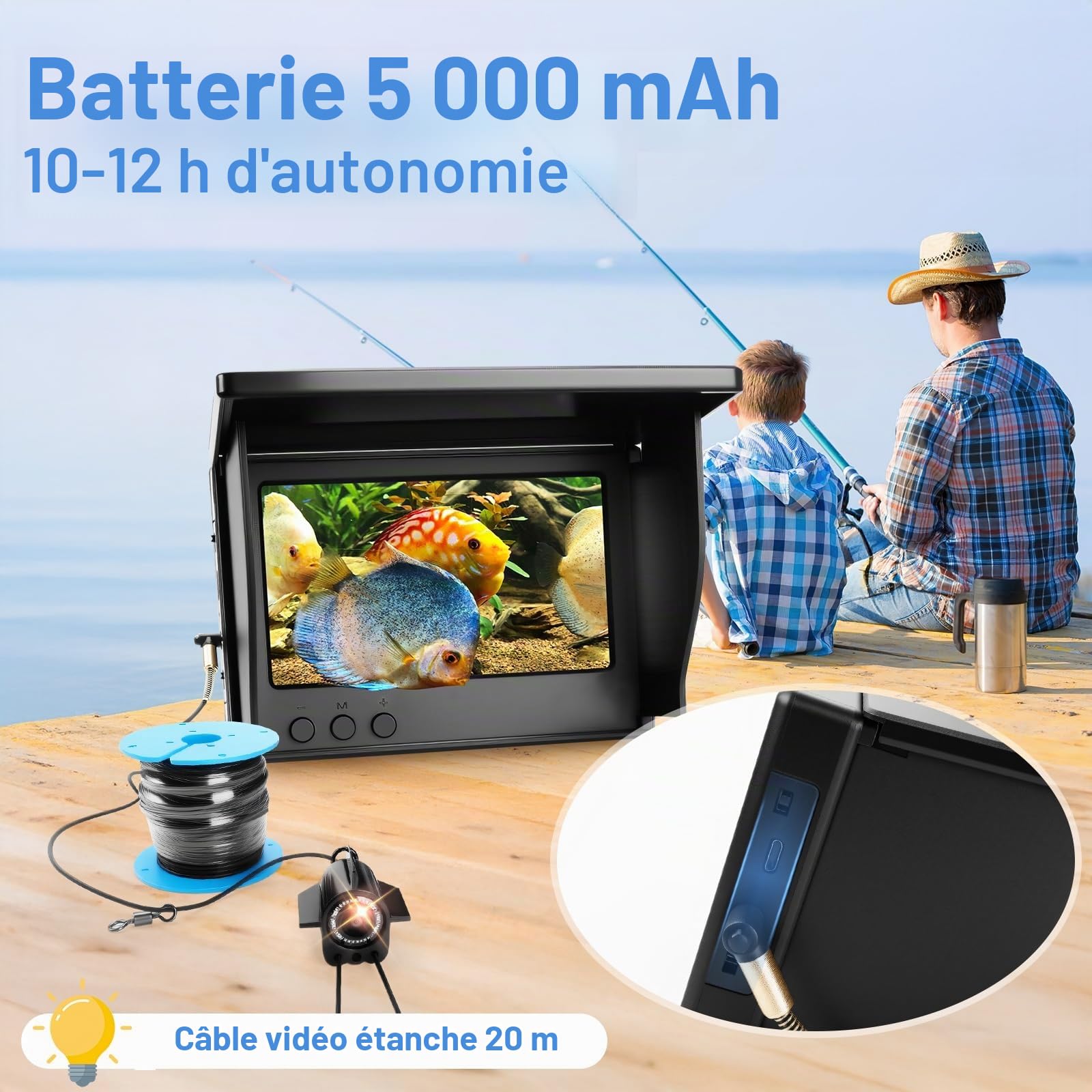 Caméra de pêche sous-marine, batterie 5000 mAh, détecteur de poissons, étanche avec écran IPS de 4,3" et câble de 30 m, vision nocturne grand angle de 220 ° pour la pêche sur glace, rivière et