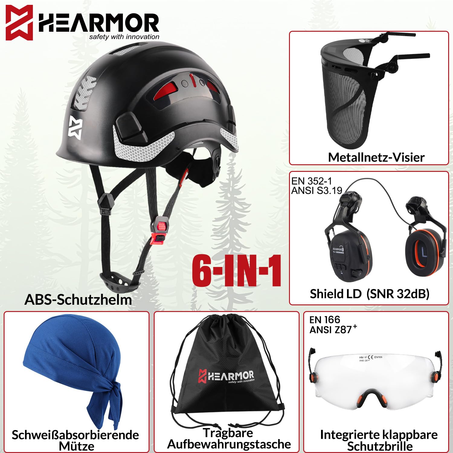 HEARMOR VOLTEK Forsthelm Schutzhelm Set ABS Helm ausgestattet mit Bluetooth 5.3 Ohrenschutz Shield LD HM, bietet umfassenden Schutz für Kopf Augen, Gesicht und Gehör, stoßfest und komfortabel belüftet