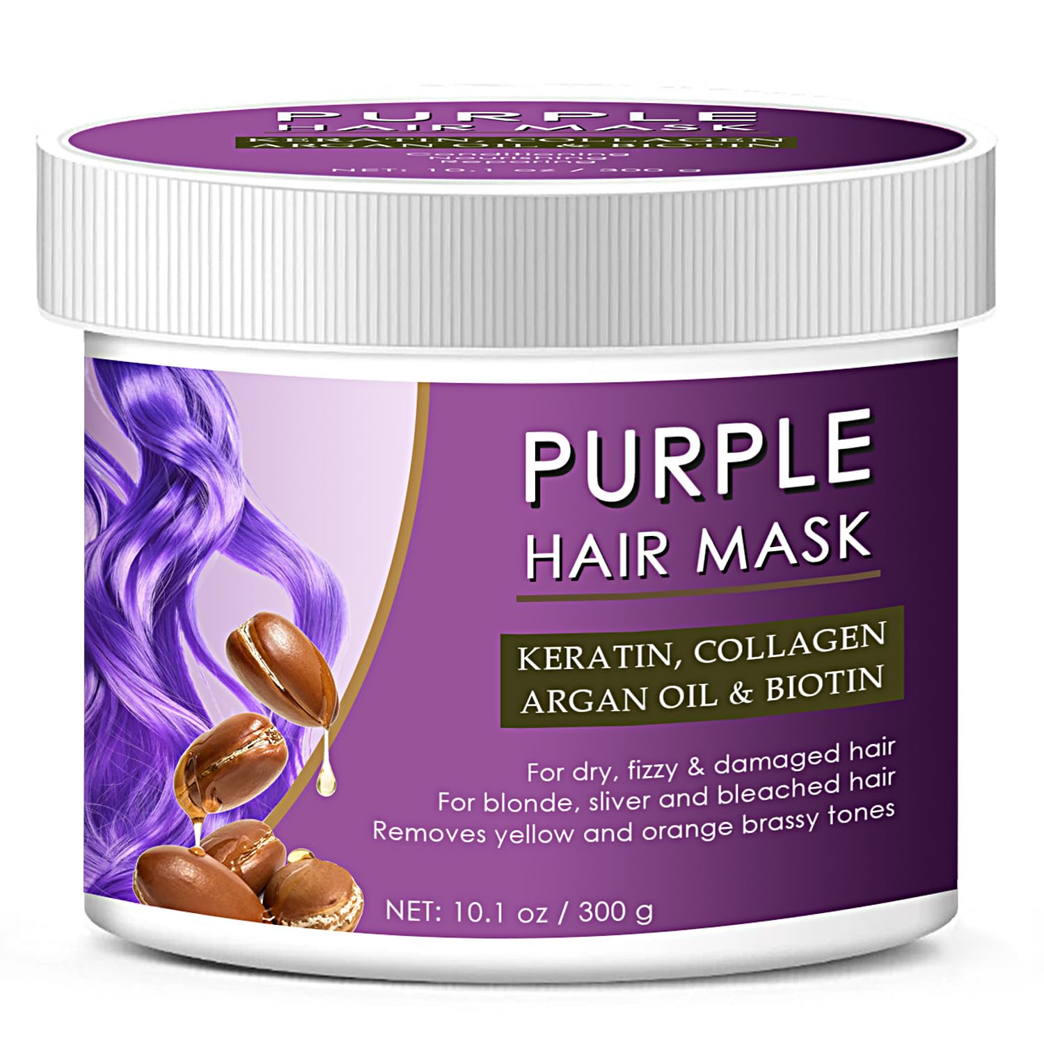 Keratin Collagen Purple Hair Mask with Biotin & Argan Oil, Neutralizes Yellow & Orange Brassy Tones for Blonde, Sliver & Bleached Hair, Hydrating Repair for Dry, Frizzy & Damaged Hair, 10.1 oz