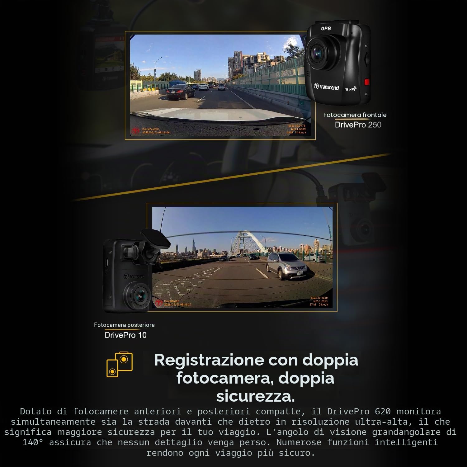 Transcend Dashcam DrivePro 620 da 64 GB, con supporto a ventosa - TS-DP620A-64G