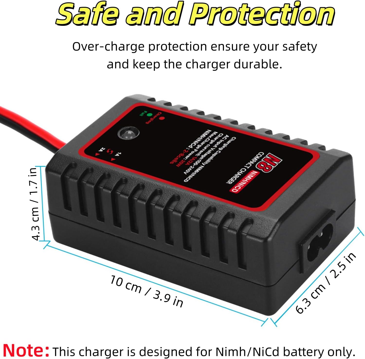 N8 NiMH NiCd Battery Charger for 2-8s Battery Packs, 1A/2A Smart RC Charger with Tamiya Connector & Alligator Clips for RC Cars, Ship Model, Drones, Airsoft