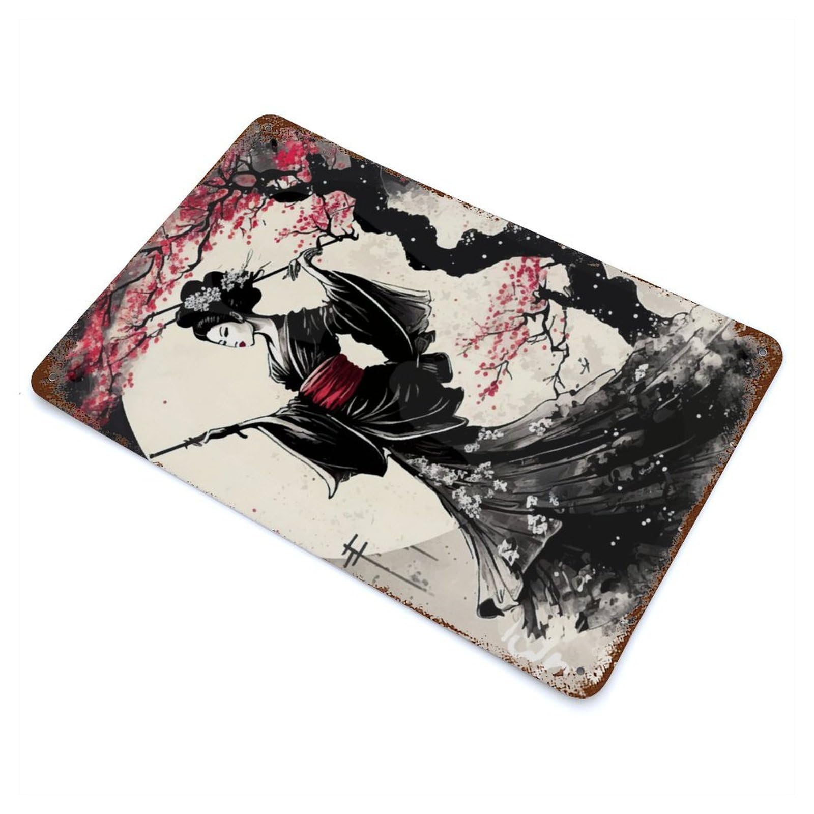 Geisha Cherry Blossom Rusty Metal Tin Sign 11.8"x7.9", Ideal for Farmhouse, Kitchen And Entryway Decor