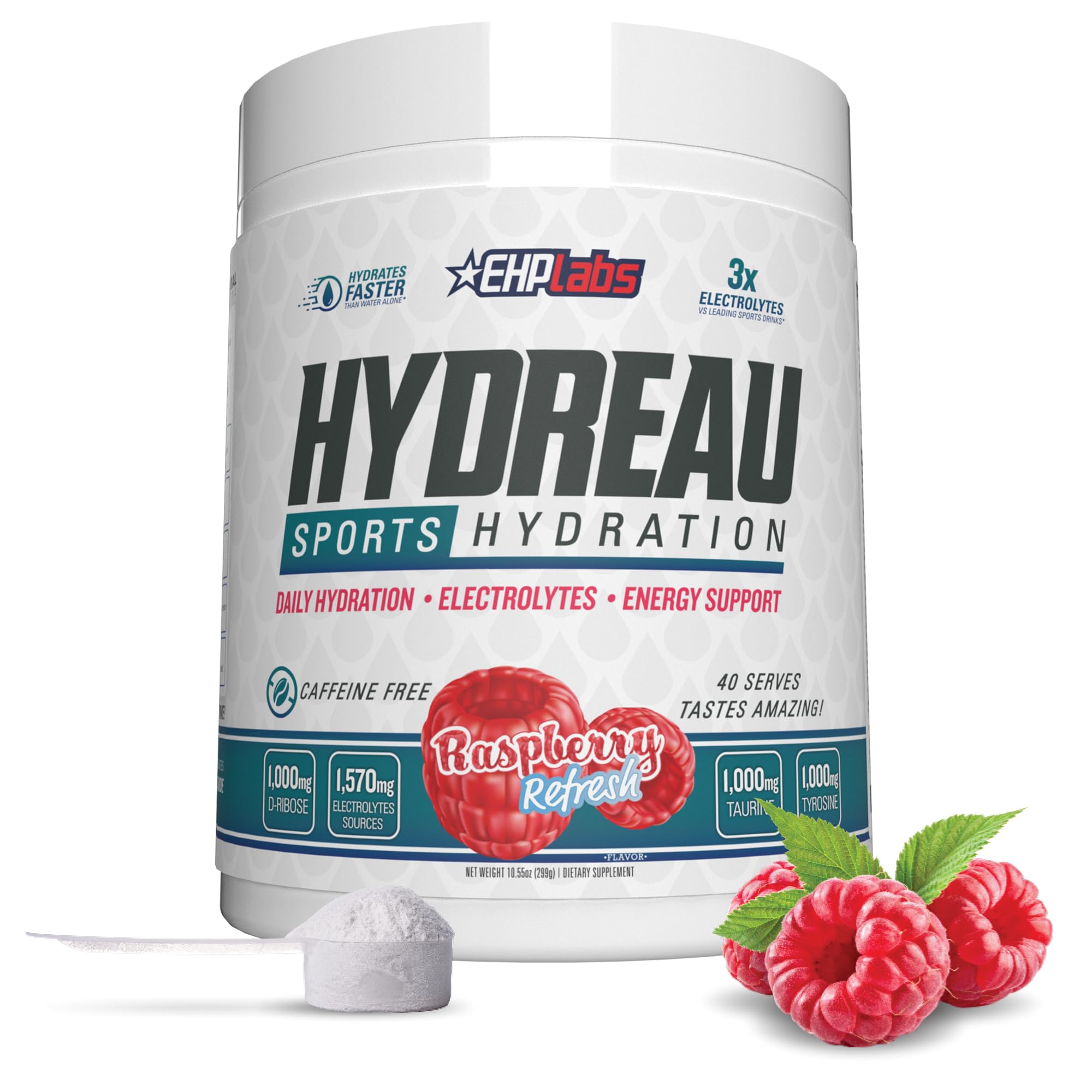 EHP LabsHydreau Electrolytes Powder No Sugar - Hydration Powder for Endurance & Energy - Electrolyte Powder for Men & Women - Sugar Free Electrolytes - Raspberry Refresh (40 Serves)