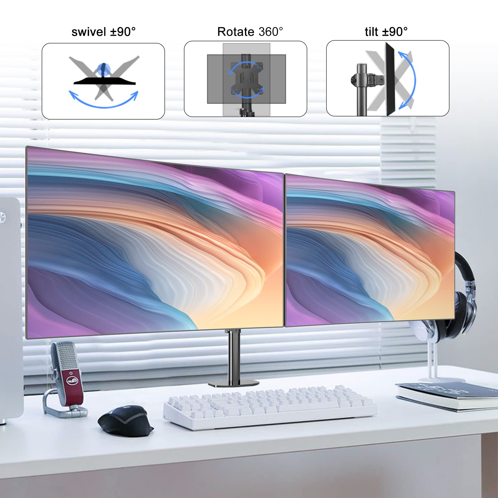 Pholiten Supporto Doppio Monitor per Schermo LED LCD da 13 a 27 Pollici,Rotazione a 360°,Dimensioni VESA 75/100, capacità di Peso Fino a 10 kg(Nero)
