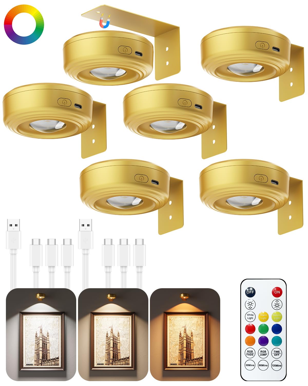 Skairipa Lot de 6 lampes magnétiques pour tableau mural, batterie rechargeable de 2200 mAh, doré