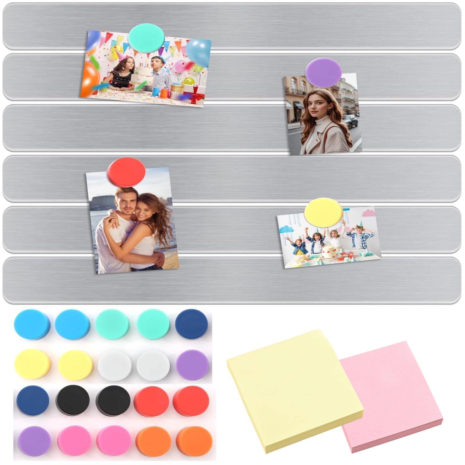 Magnetic Memo Board Set, 6 Pack Stainless Steel Notice Strip with 20 Colorful Magnets, 30x3 cm, Adhesive Backed, Includes 2 Memo Pads for Office, Fridge, Wall Organization-image-24
