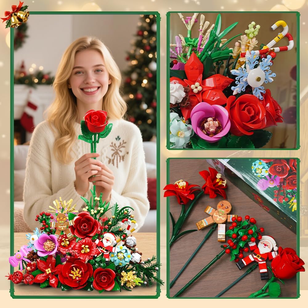 CUBIMANA 25 Pack Flower Bouquet Building Set with LED - Rose Flowers Botanical Collection for Adults Women, Easter Gift for Her/Wife/Girlfriend/Mom, 2203 PCS Artificial Plants for Home Decor
