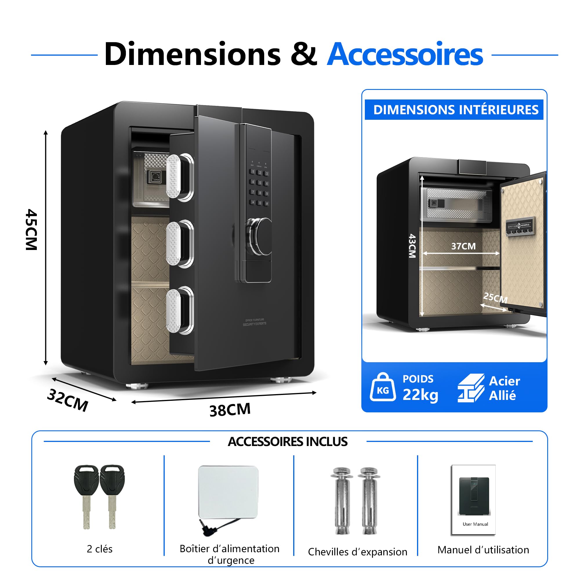 22KG Lourd Coffre Fort en Acier, 52L Coffre-fort Électronique avec Digitale Code et Clé, pour Maison et Bureau, Idéal pour Bijoux, Argent et Documents A4, Notice en Français (Blanc,52L)