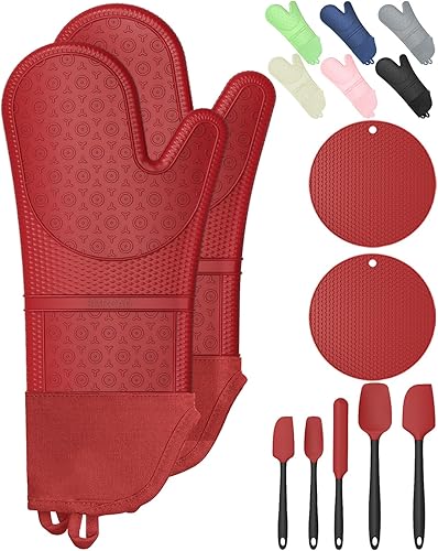 Vista 68 de Guantes de horno con almohadillas calientes resistentes al calor y cinco espátulas de silicona diseñadas para cocinar en la cocina, guantes