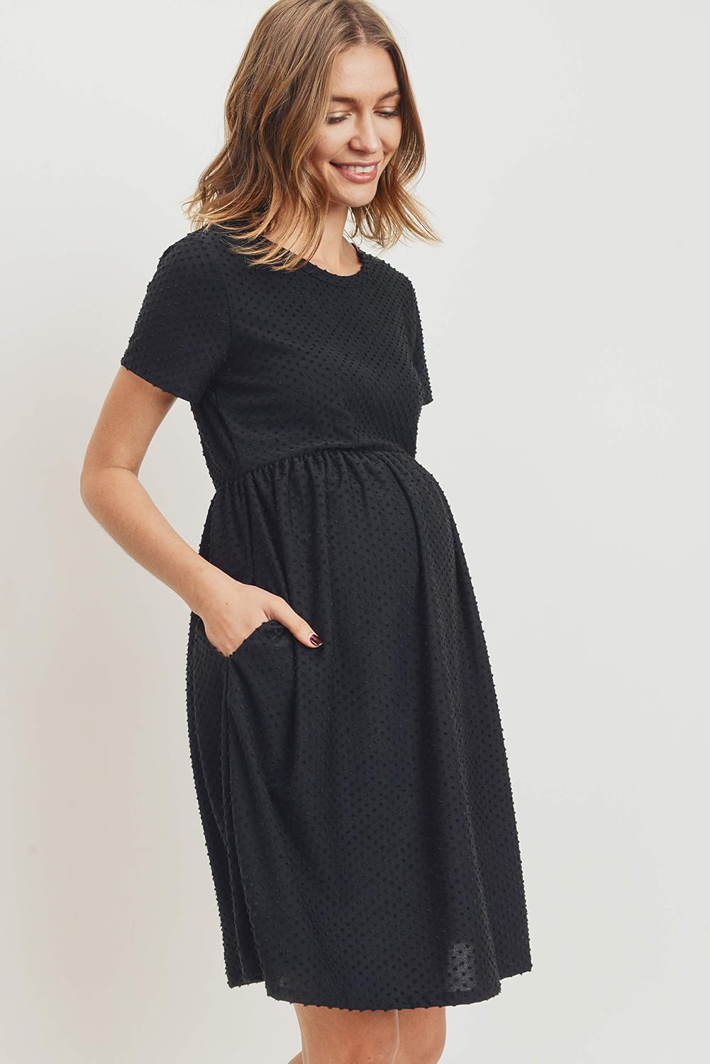 HELLO MIZ Women's Maternity Empire Waist Casual Dress, Black Dot, Large