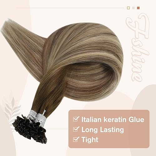 Miniatura 4 de Fshine Extensiones de cabello humano real con punta de uñas ombré, 20 pulgadas, extensiones de cabello con punta de queratina, color marrón oscuro