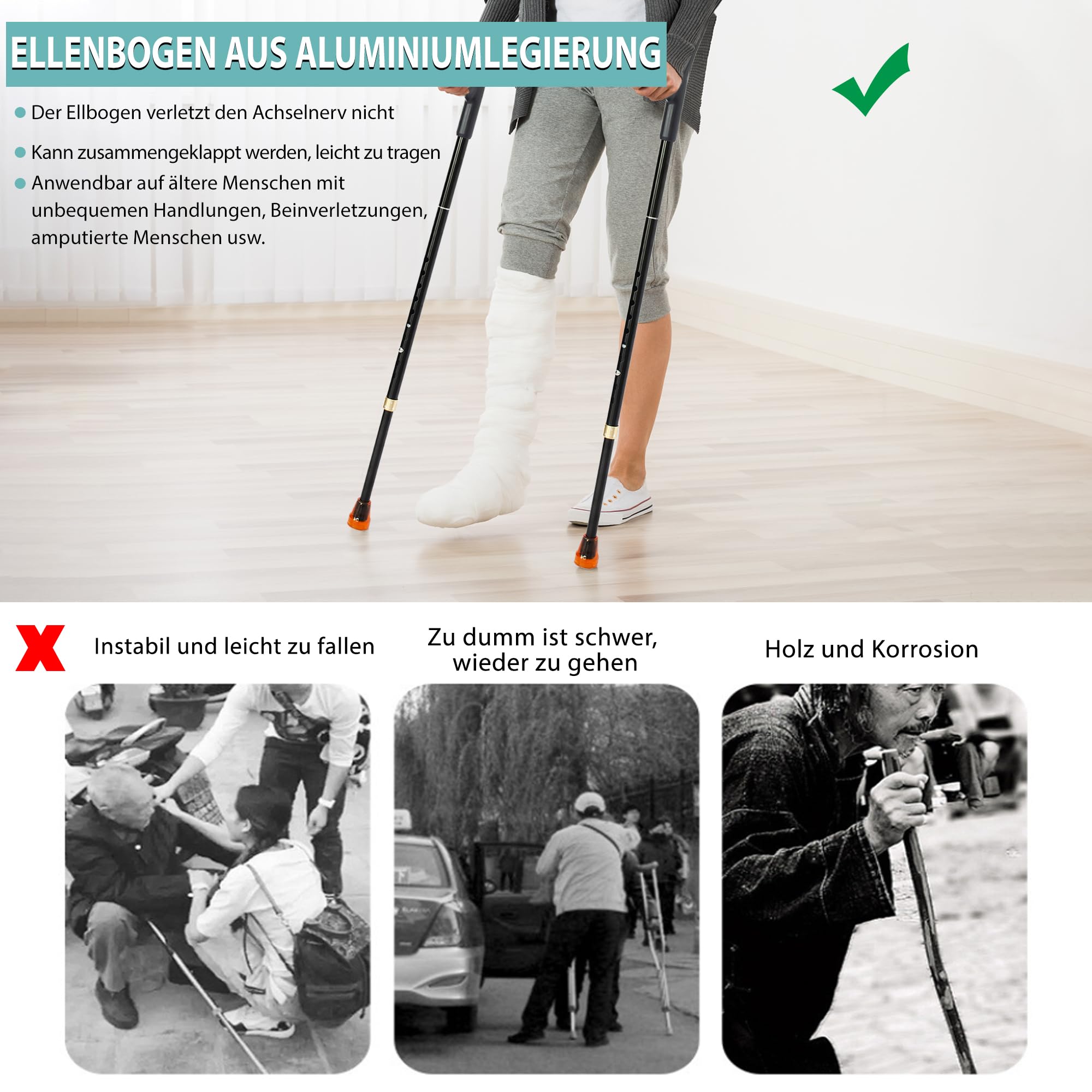 OUUTMEE 2 składane podnóżki pod pachami, czarne, do ćwiczeń rehabilitacyjnych, kule dla dorosłych, lekkie kulki, poszerzone antypoślizgowe nóżki