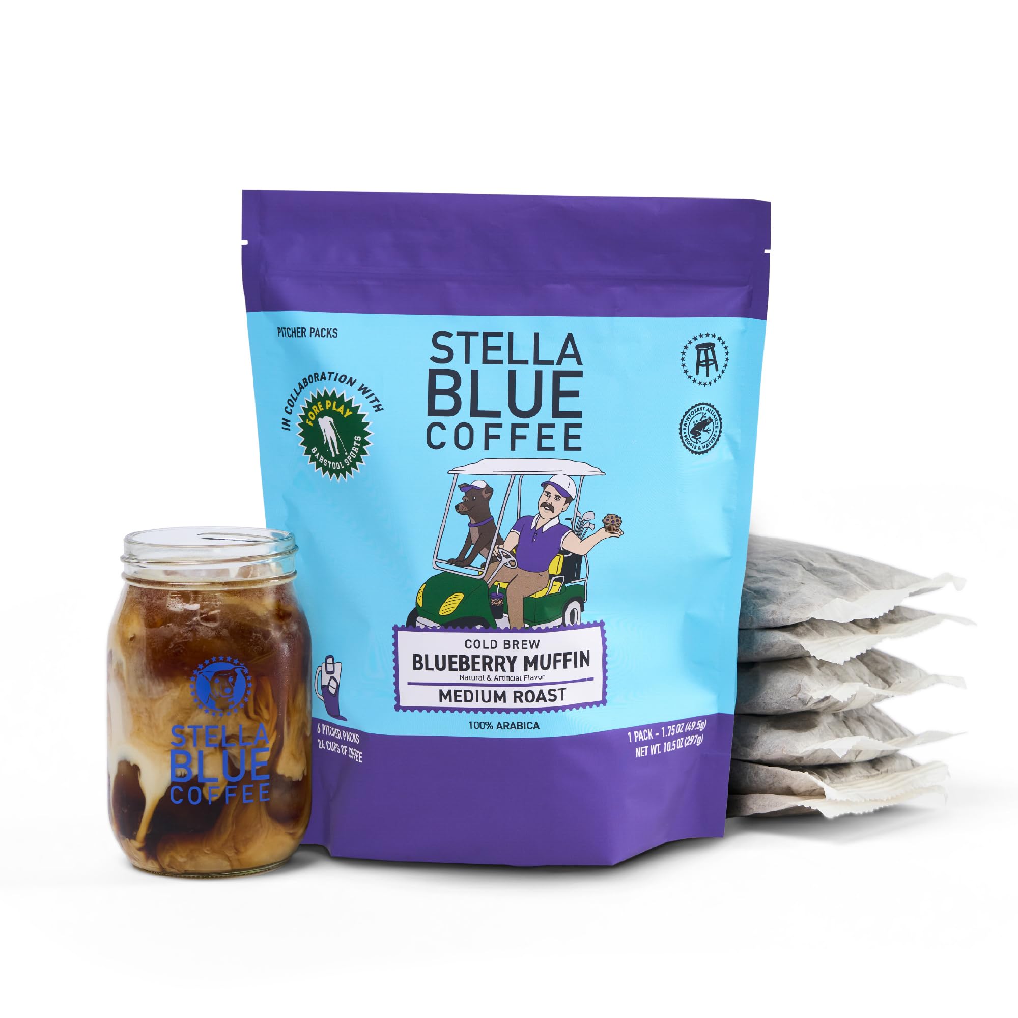 Stella Blue Cold Brew Coffee Bags, Blueberry Muffin, Medium Roast Ground Coffee, Smooth, Bold and Refreshing 100% Arabica, 6 Brew Packets, Makes 24 Cups, Rainforest Alliance Certified