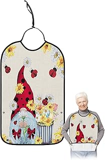 Kewadony Adult Bibs for Elderly Women - Ladybug Gnomes Waterproof Dining Clothing Protectors with Crumb Catcher for Eating/Feeding, Summer Farmhouse Daisy Terry Cloth Bib Machine Washable