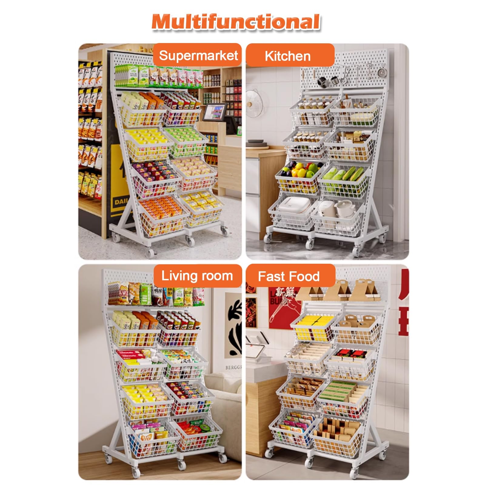 4-stöckiges, weißes Verkaufsregal für Süßwaren und Snacks, freistehender Metallsgal für Süßwaren und Snacks, freistehender Metallständer mit 6 Rollen und 10 Haken, Supermarktregal für Snacks